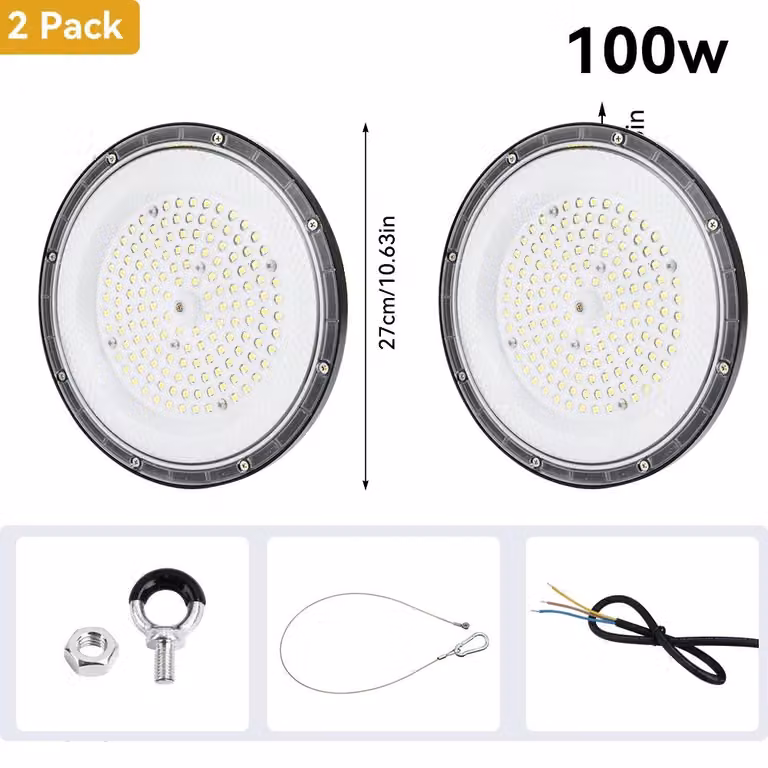 Lampada industriale a LED, modello UFO – faretto per magazzini – 2 x 100 W – 85–265 V – Non dimmerabile – Alluminio – Luce bianca fredda – Adatta per magazzini e fabbriche