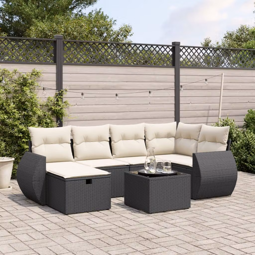 vidaXL Set Divani da Giardino a L con 7 Pezzi, Polyrattan Nero e Cuscini Imbottiti con Rivestimenti Rimovibili – 1