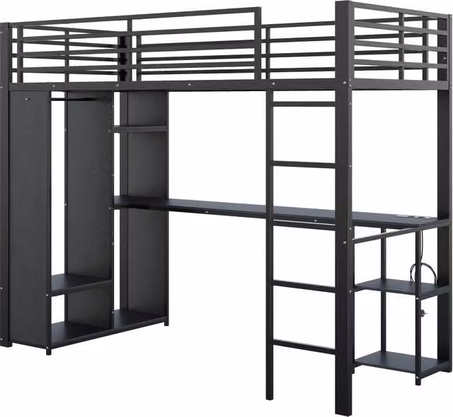 Letto a soppalco singolo Chicfurn in metallo nero con scrivania, illuminazione LED, ripiani e porta USB, L/P: 90 x 200 cm