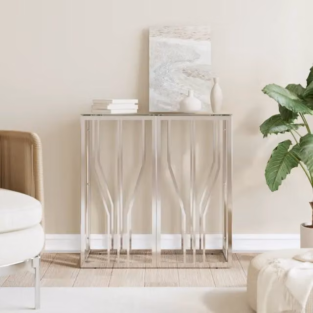 Tavolino Consolle-Tavolino da soggiorno-Tavolo 70x30x70 cm in Acciaio Inox e Vetro