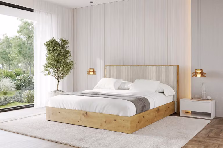Letto imbottito ALTDECOR con contenitore - ENZO10 120x200 color crema, rete a doghe, letto contenitore con testiera e vano portaoggetti, letto matrimoniale con materasso H3/H4