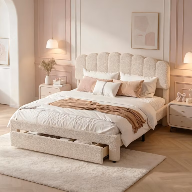 Letto imbottito INONEFT, 140x200 cm, con cassetti, porta USB, letto matrimoniale con schienale regolabile, letto contenitore, letto per ragazzi con rete a doghe, rivestito in microfibra effetto peluche, color beige