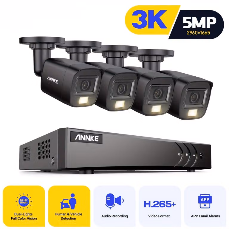 Sistema di sicurezza – Kit telecamera a 4 canali, risoluzione 3K – Rilevamento tramite intelligenza artificiale – Visione notturna con doppia illuminazione intelligente