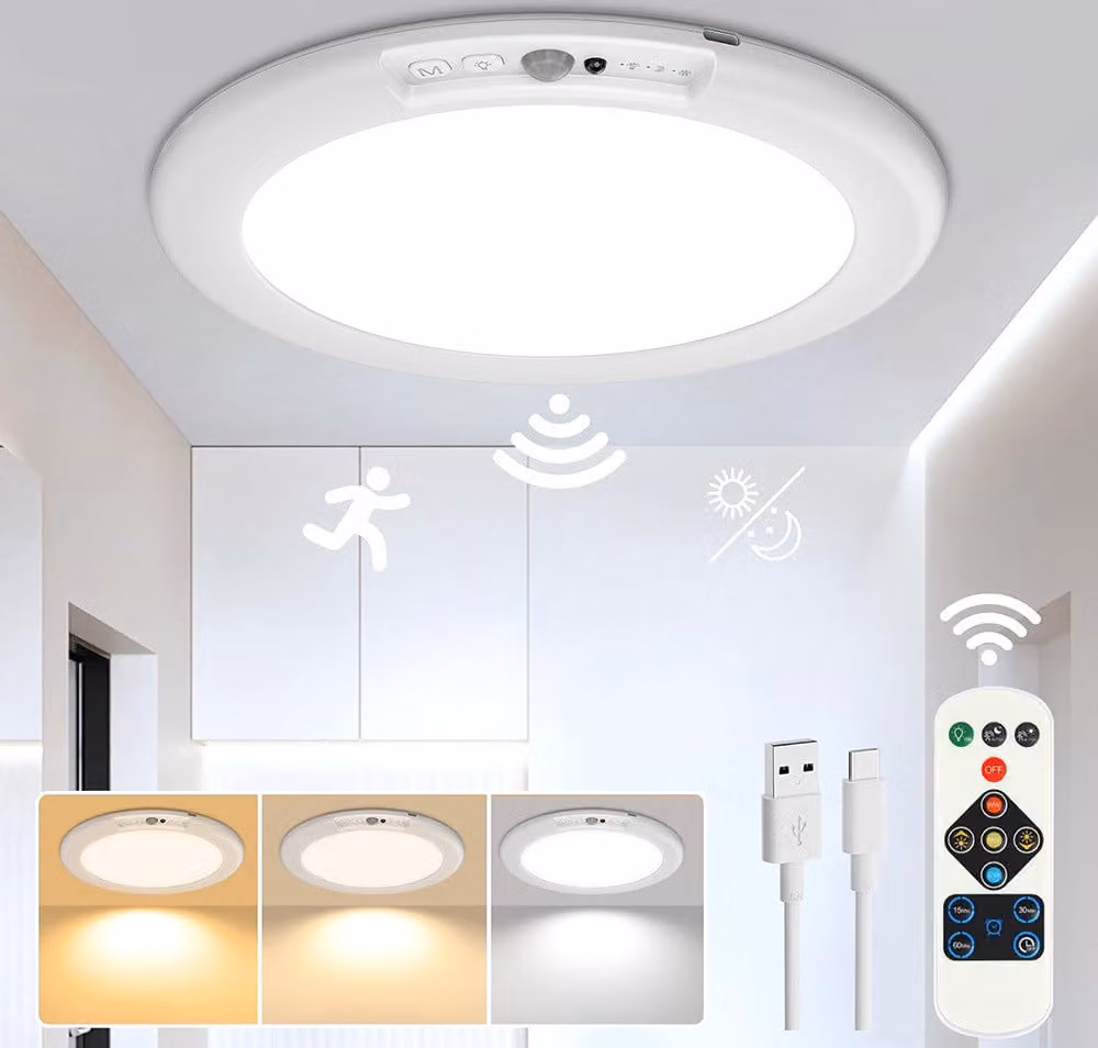 Plafoniera a LED con sensore di movimento e telecomando, dimmerabile da 3000K a 6500K, lampada da soffitto a batteria senza allacciamento elettrico, 19 cm, 6000 mAh
