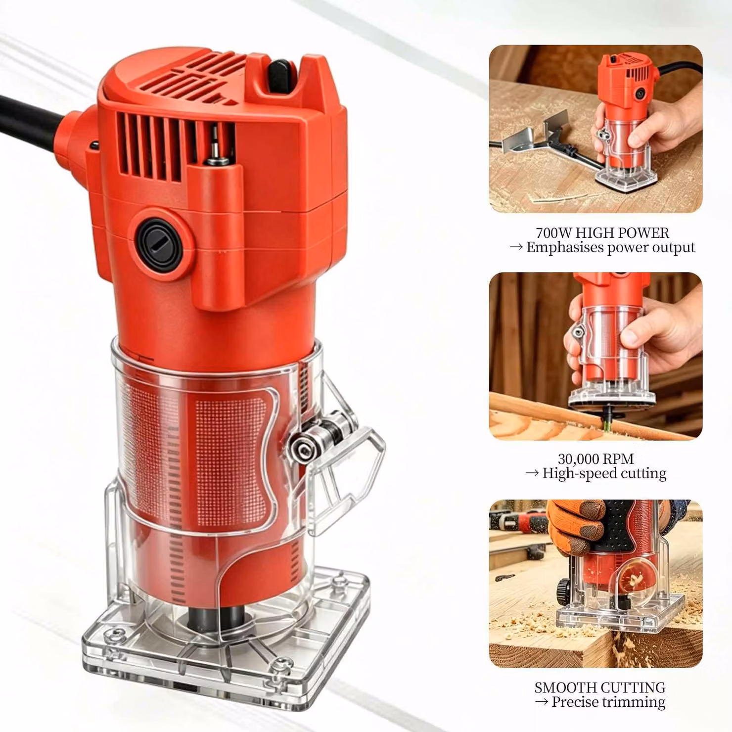 Fresatrice portatile elettrica AIORBER, 700W, 30000 giri/min, fresa per bordi da 6,35 mm, con base trasparente, ideale per la lavorazione del legno, disponibile nei colori: rosso e nero