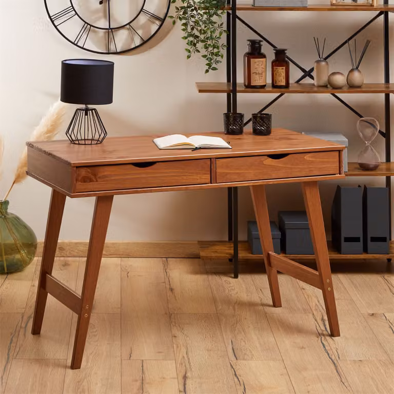 Scrivania MILO con 2 cassetti, in legno massello, robusta e resistente, ideale per l'ufficio in casa, color castagna, cassetti per riporre oggetti