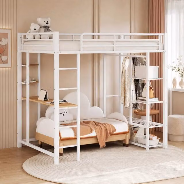 Letto a soppalco 140x200 cm bianco – scrivania e contenitore, senza materasso