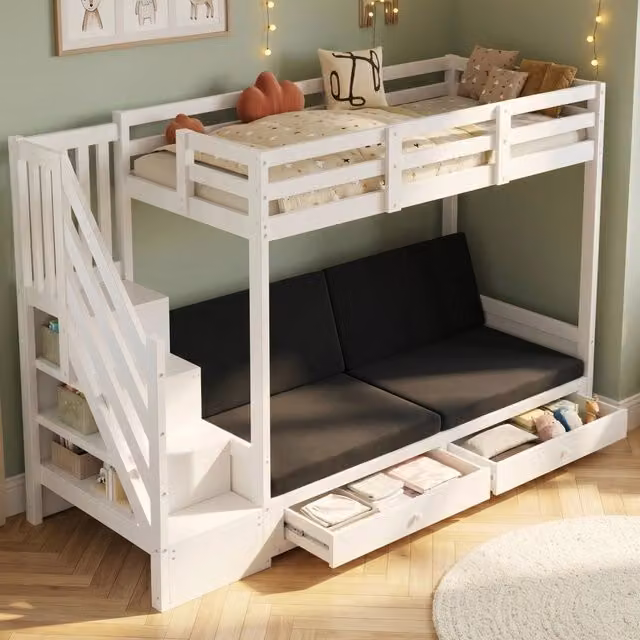 Letto a soppalco MIVRAY bianco con divano regolabile, scala contenitore e 2 cassetti in legno e MDF, L/P: 90 x 200 cm