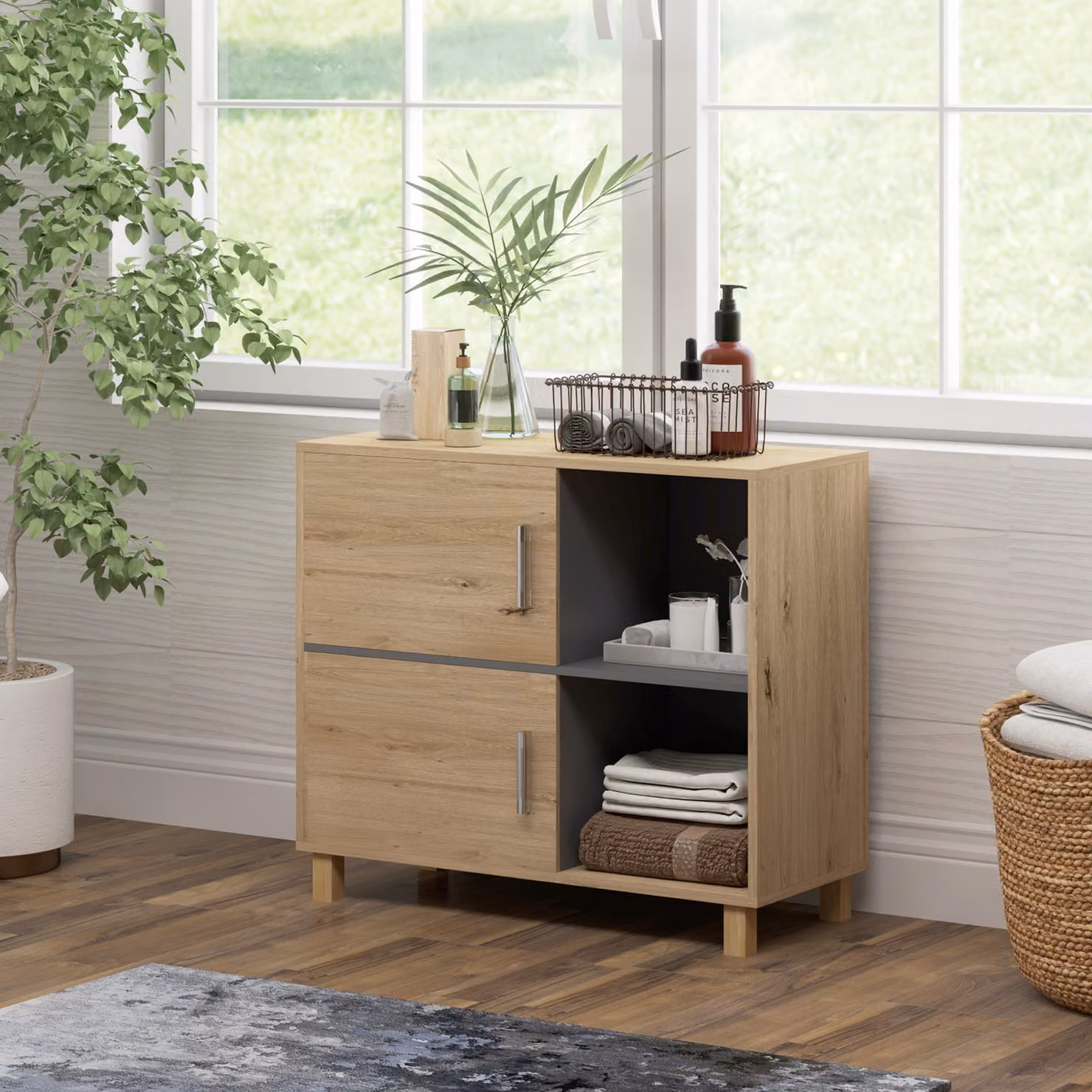 Mobiletto da bagno HOMCOM in legno naturale marrone con armadio e vani aperti, L: 80 cm, P: 35 cm, H: 70 cm – 2