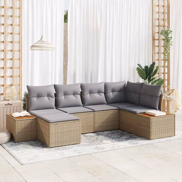 Set Divano da Giardino a L vidaXL in Polyrattan Beige con Cuscini e Ottoman, 6 Pezzi