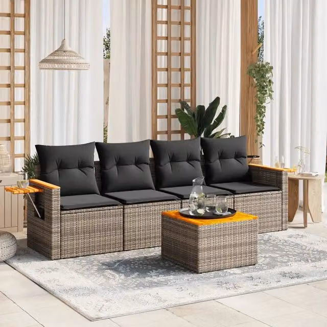 Set Divano da Giardino 5 pz con Cuscini-Sofa da Giardino-Divanetto da esterno Grigio in Polyrattan 838829