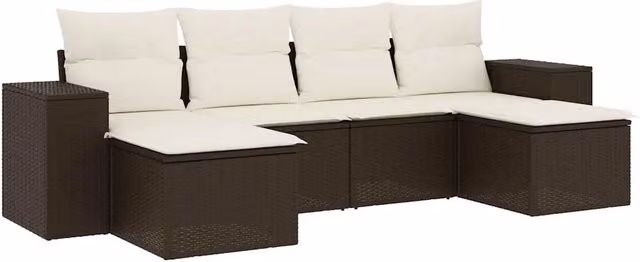 Set Divano da Giardino 6 pz | Set Salotto da Giardino con Cuscini Marrone in Polyrattan