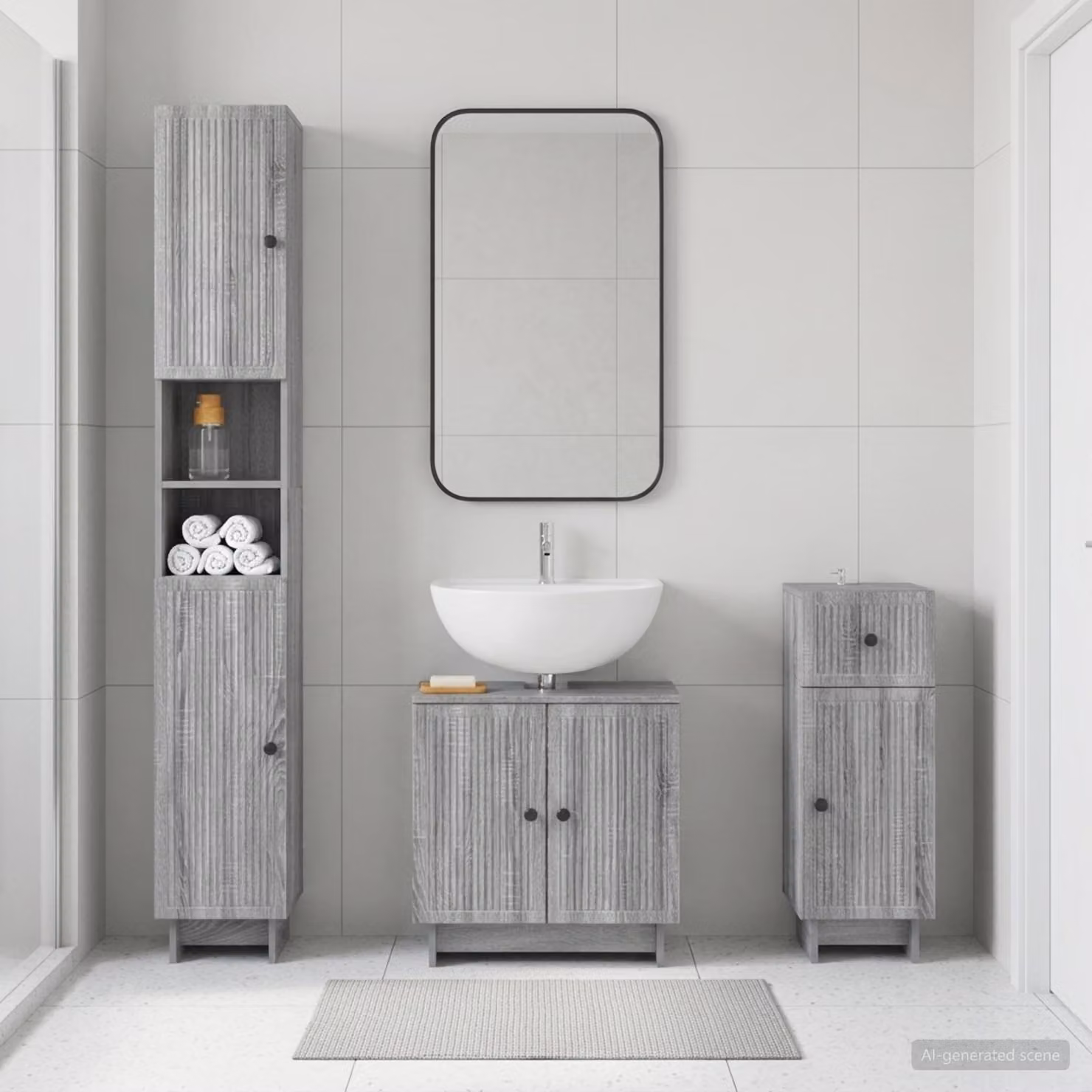 Set di 3 armadietti da bagno moderni vidaXL in legno grigio opaco con vanità, colonna alta e mobile laterale
