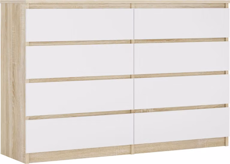 Cassettiera 8 cassetti, colore: rovere Sonoma / bianco opaco, 138 x 101 x 39 cm