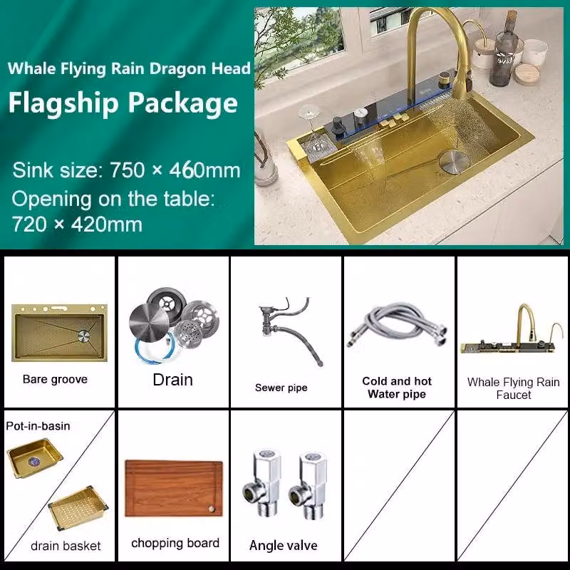 Lavello da cucina in acciaio inossidabile con design a cascata, color oro, dimensioni 100x50 cm, con display digitale