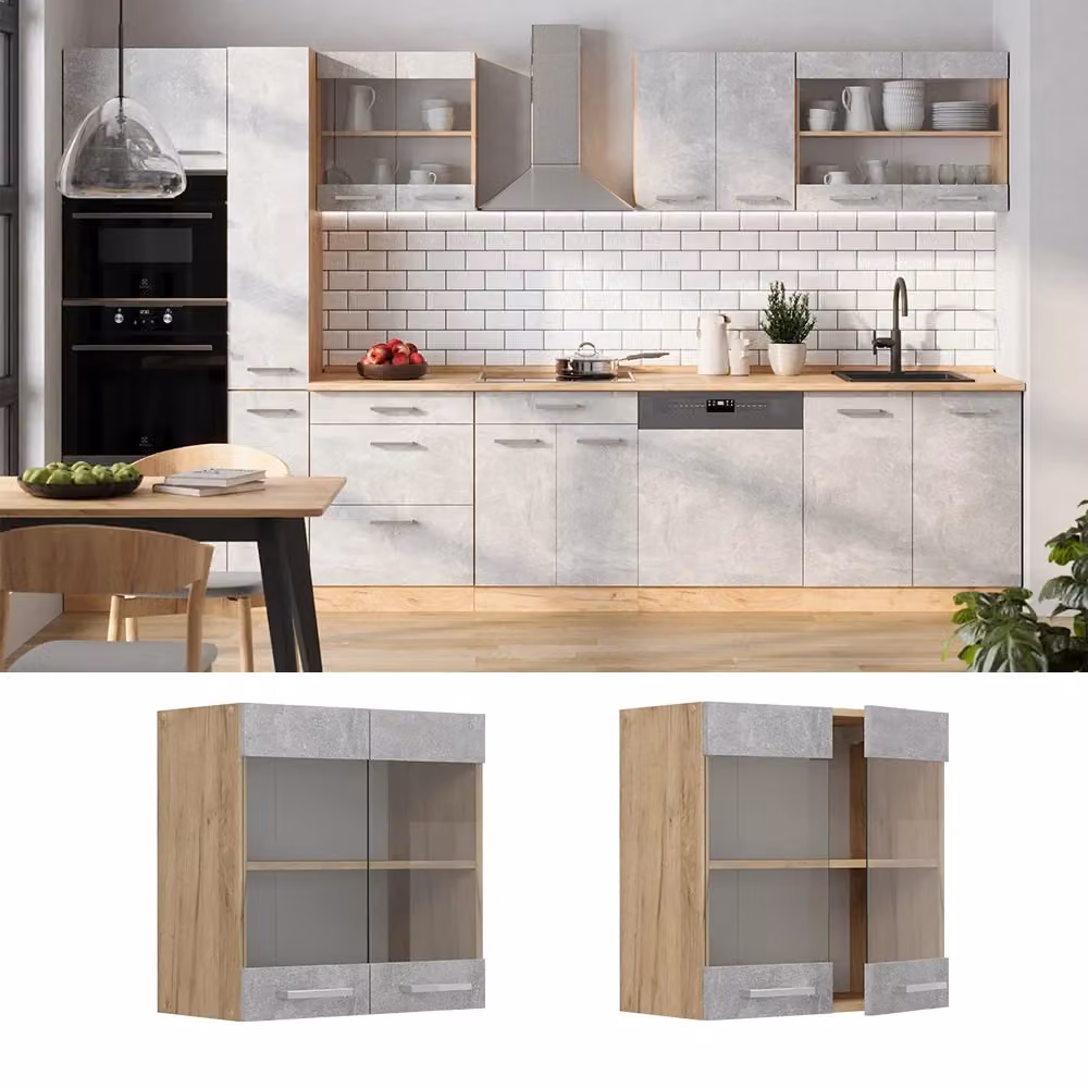 Pensile da cucina Vicco R-Line con ante in vetro, colore grigio e rovere, L 60 cm – 2
