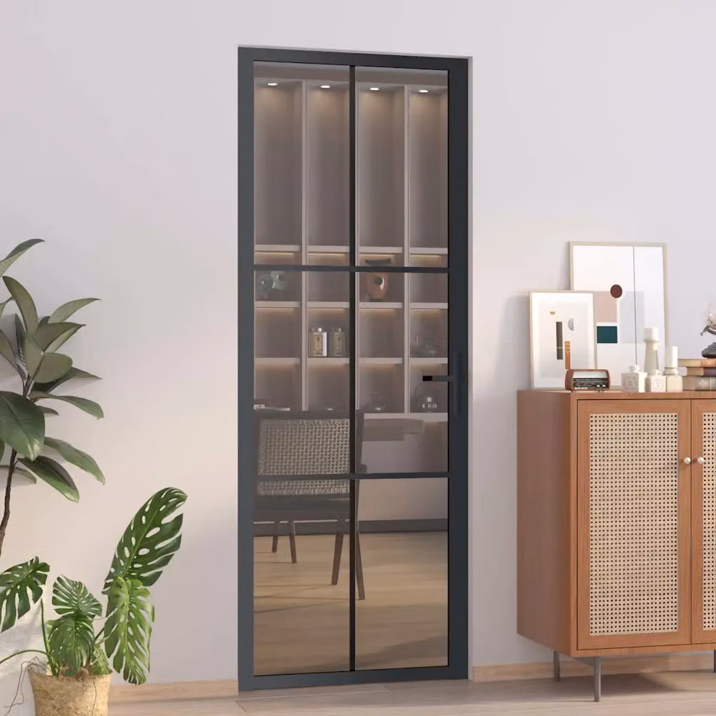Porta interna moderna vidaXL in vetro trasparente e alluminio nero, reversibile, L: 76 cm, H: 201,5 cm