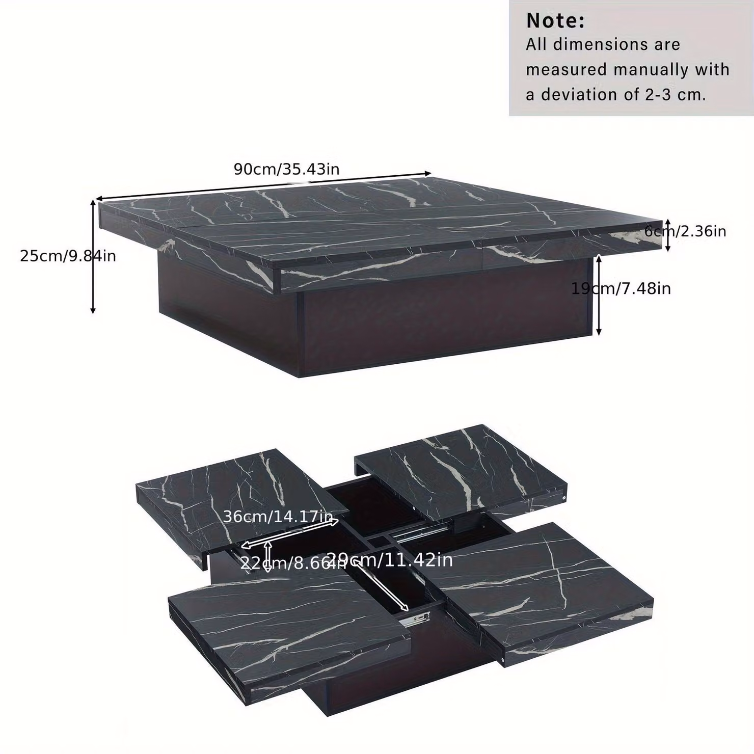 Tavolino da salotto – Tavolino da caffè – Tavolino per il soggiorno – Nero – Aspetto marmo – Quattro cassetti – Piano scorrevole – 30 kg