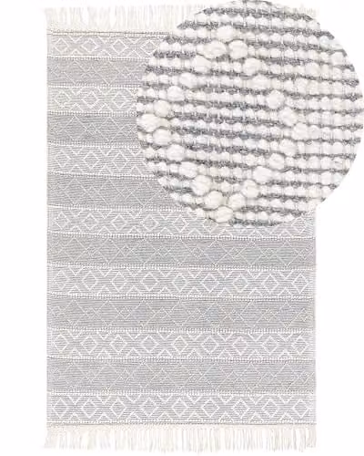Beliani Tappeto da salotto in lana con frange decorative 160 x 230 cm Grigio e bianco