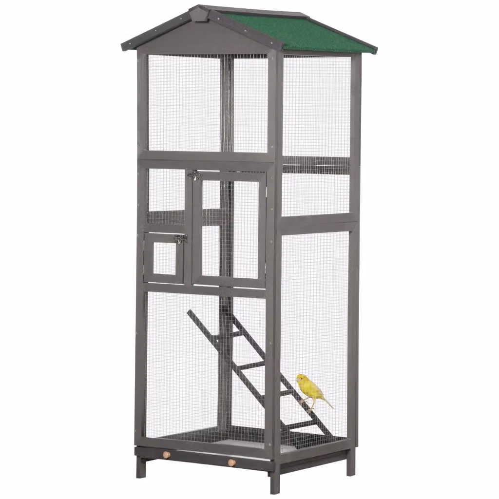 Gabbia per uccelli da esterno Minimal in legno di abete e metallo, colore grigio chiaro, Altezza: 165 cm, con 2 porte e vassoio – 2