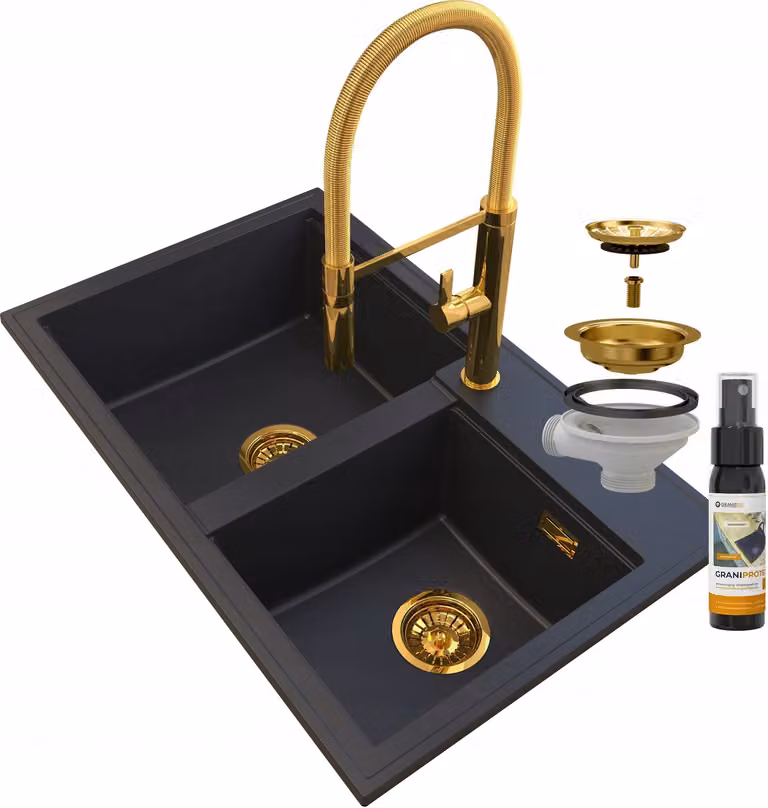 Granitan - Lavello in granito - Lavello da cucina - 2 vasche - 80x50 cm - Nero - con rubinetteria FULL GOLD - HEKTOR