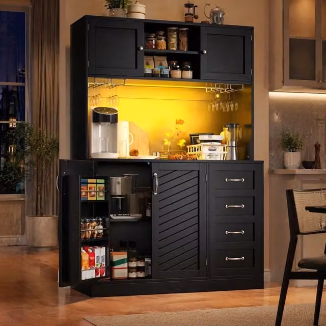 Desviae Credenza con LED controllabile tramite app 4 ante 2 grandi cassetti e portabevande in MDF nera 120 × 40 × 188 cm