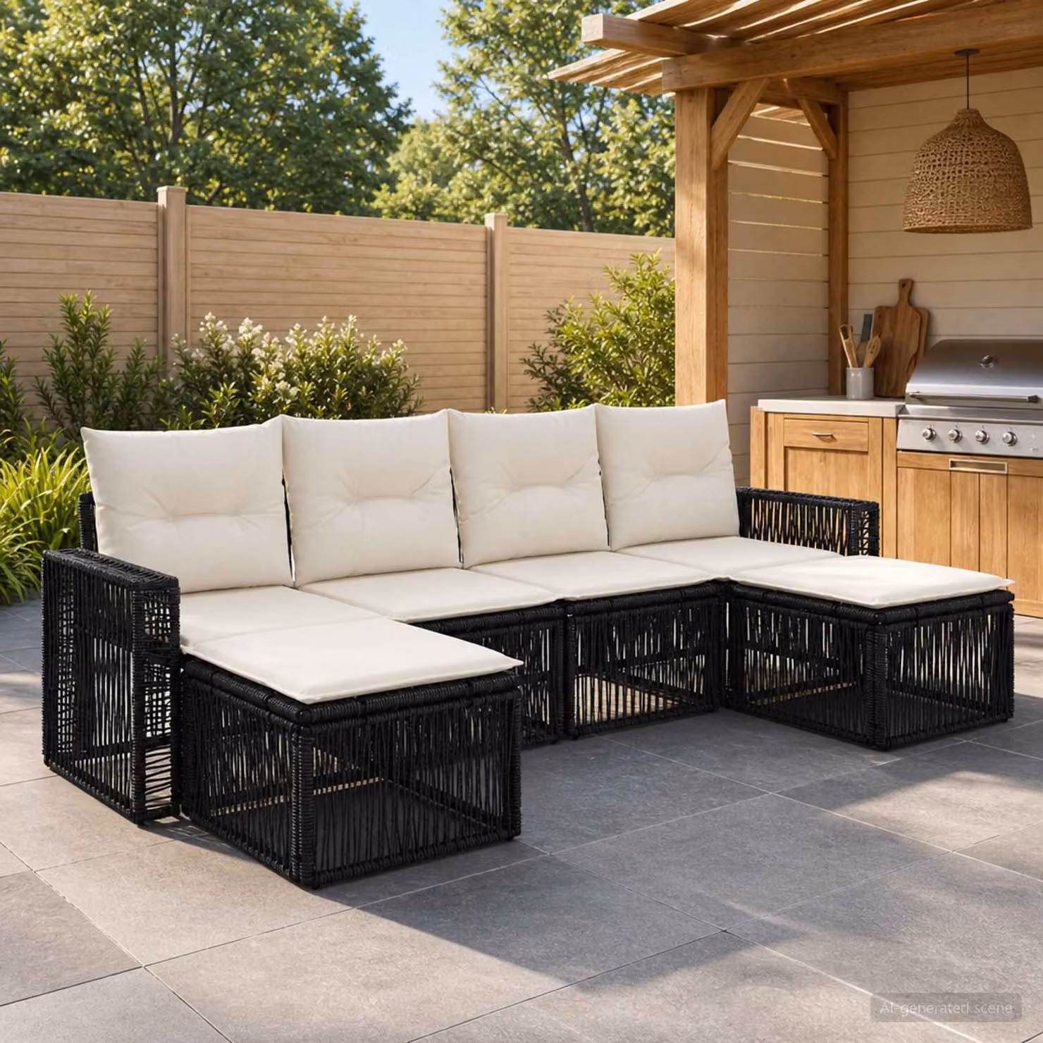 Set Divano da Giardino a L vidaXL in Polyrattan con Cuscini, Nero e Bianco Crema