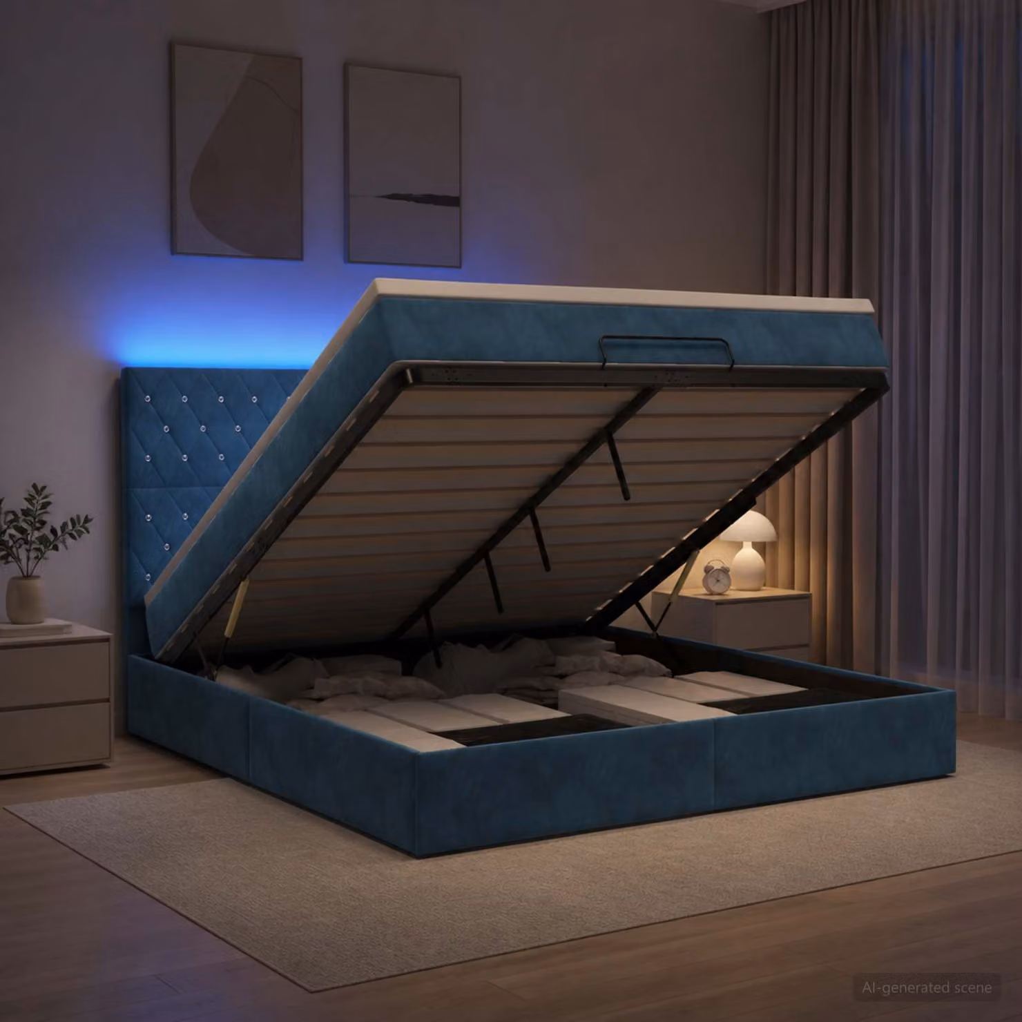 Letto Ottomano con Materasso e Illuminazione LED vidaXL, Rivestimento in Velluto Blu e Bianco, L/P/H: 140 x 190 x 88 cm