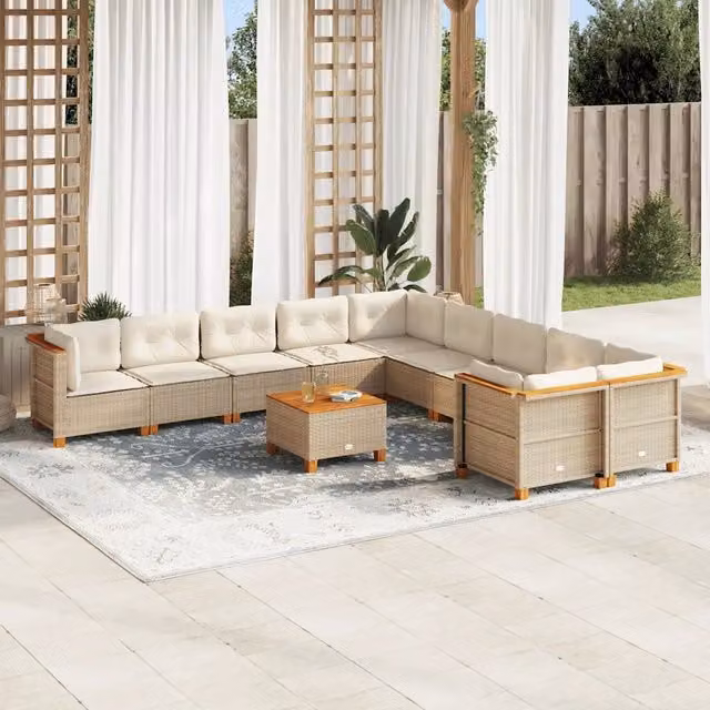 Set di divani da giardino a forma di U vidaXL in polyrattan con cuscini beige e tavolino da esterno – 1