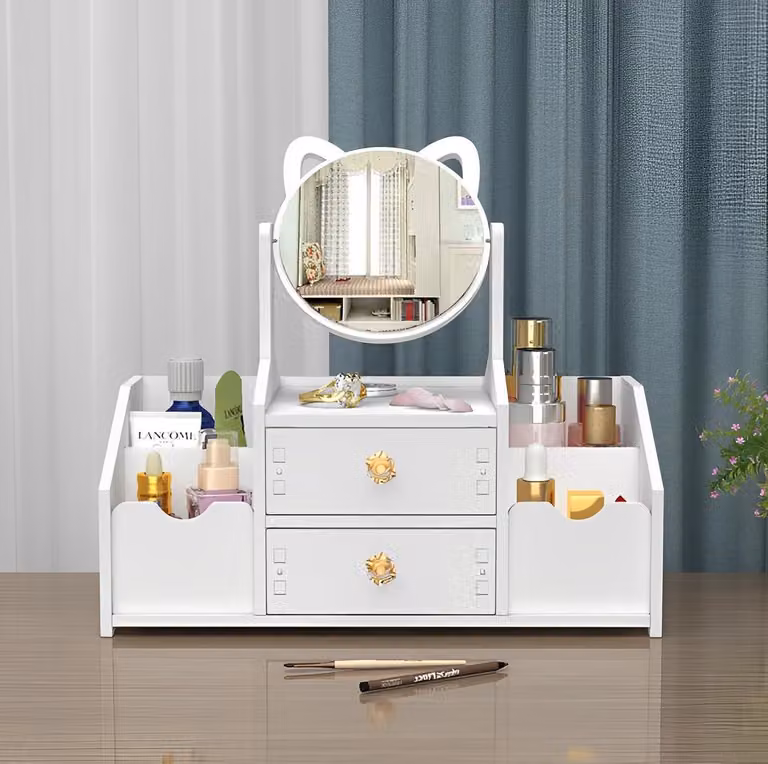 Organizzatore per trucchi con specchio rotante a 360°, versatile, compatto, ideale per bagno e camera da letto