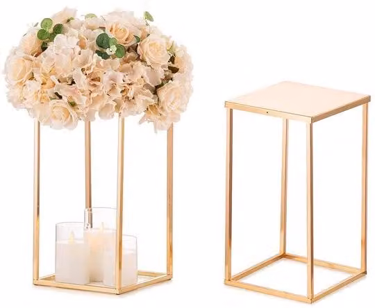 Decorazione per tavola, coppia di vasi rettangolari in metallo dorato da 40 cm, con base, per decorazioni di matrimonio, feste, compleanni, anniversari e ricevimenti