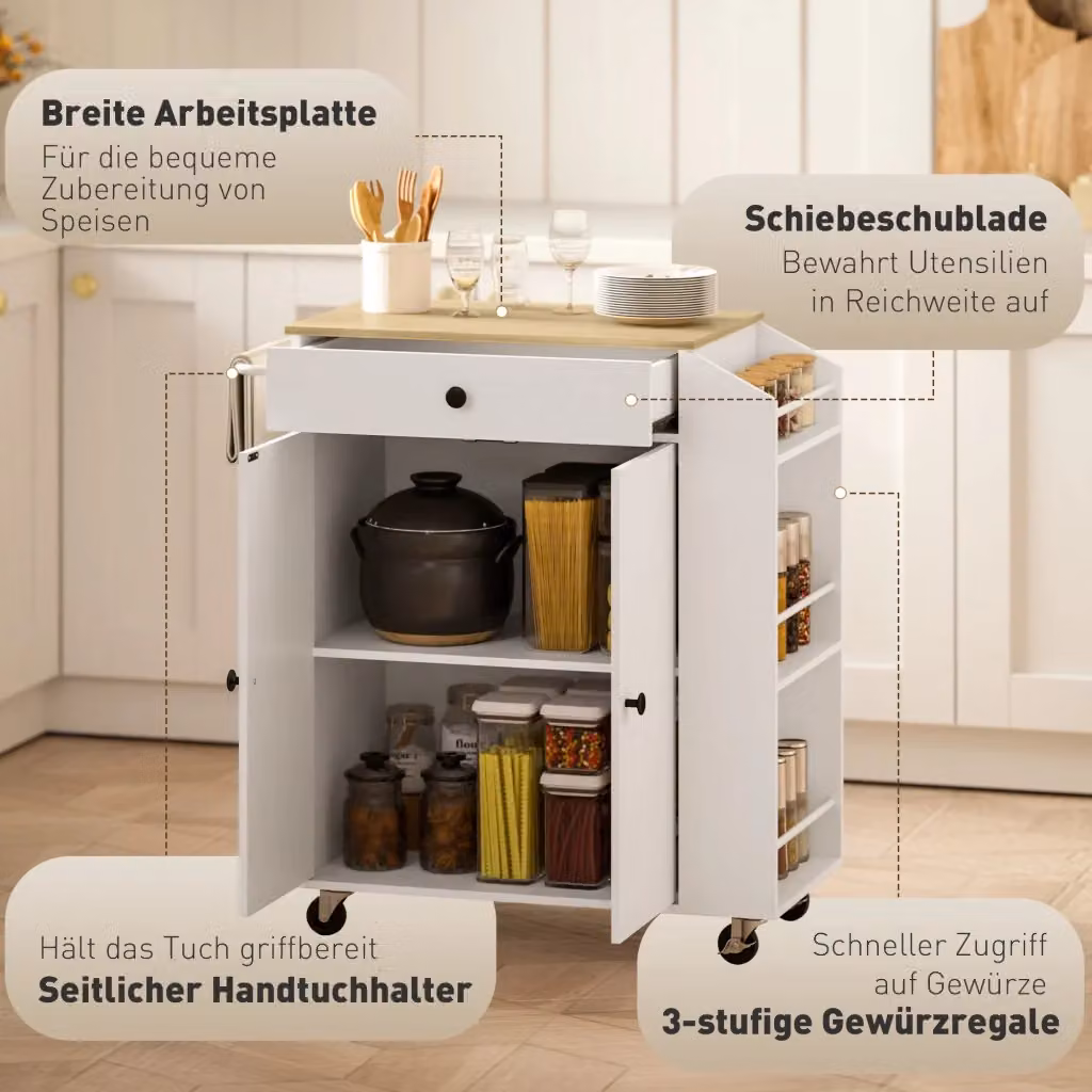 Carrello da cucina moderno OKWISH in MDF bianco con piano di lavoro, 1 cassetto, 2 ante, porta spezie e portasciugamani con ruote – 2