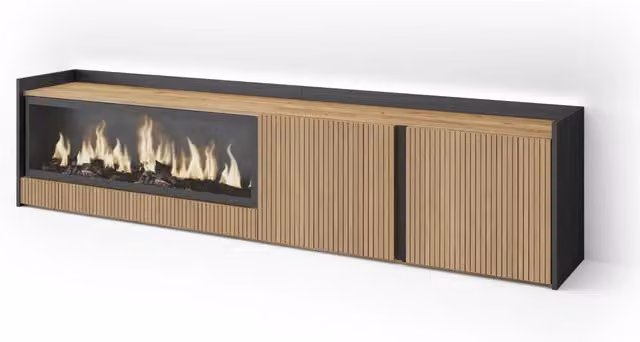 Mobile TV Soggiorno, 212x50x35 cm, Per TV fino a 80", Camino elettrico XXL, Led, Rovere e nero