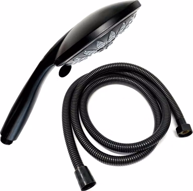 Set soffione doccia Ø 15 cm con tubo flessibile da 1,5 m, nero | Set doccia con doccetta e tubo flessibile | Tubo flessibile e soffione doccia con 5 tipi di getto regolabili