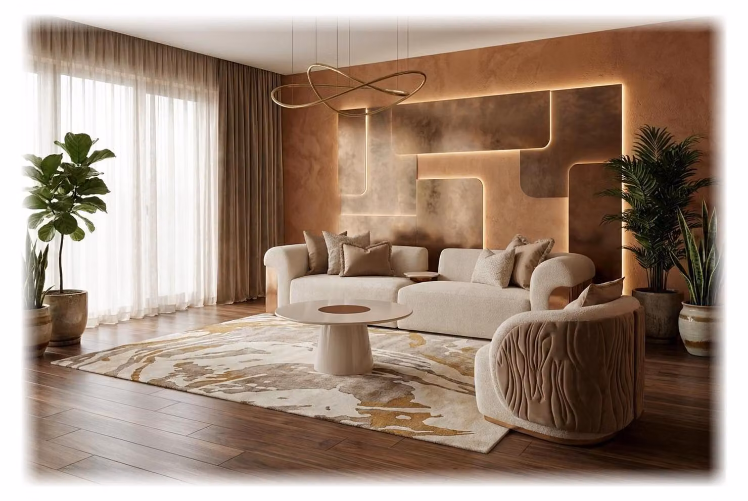 Lussuoso set da salotto: divano a tre posti beige, poltrona, tavolino da salotto, mobili di design
