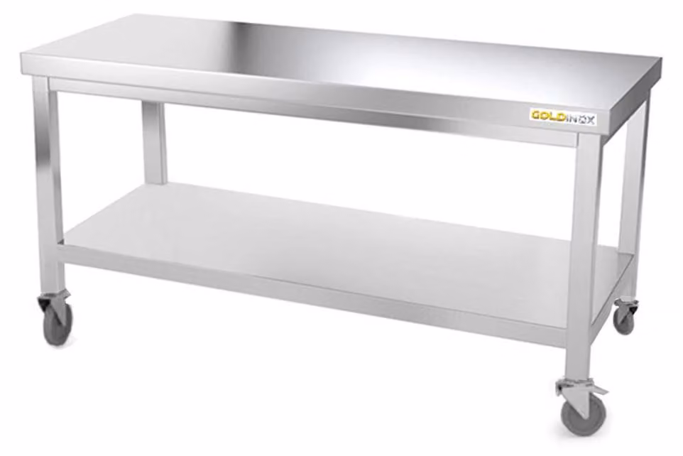 Tavolo da lavoro in acciaio inox con struttura portante, dimensioni 1400 x 500 mm, montato su ruote, modello PREMIUM - GOLDINOX