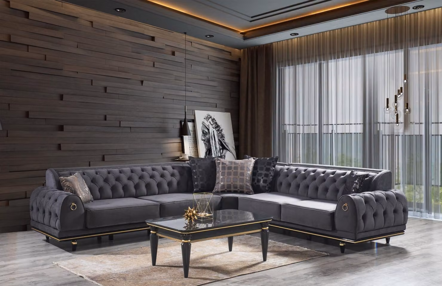Großes L-Form Ecksofa aus Holz und Textil in modernem Design