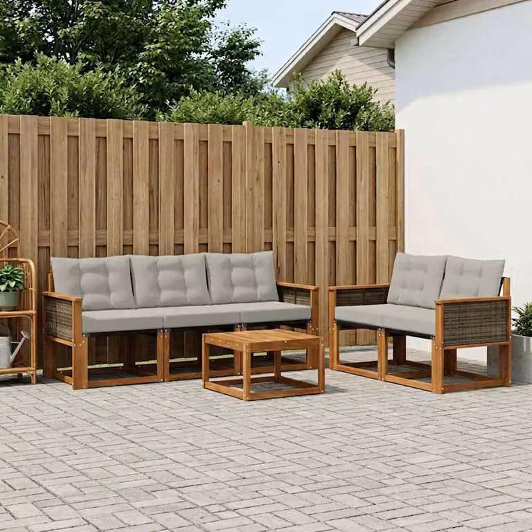 Set di divani da esterno vidaXL a forma di L composto da 6 pezzi con tavolo da caffè, realizzato in legno di acacia trattato e tessuto textilene, colori beige, grigio e marrone