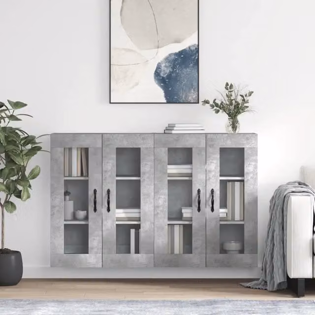 Set di 2 armadietti da parete moderni vidaXL con ante in vetro, colore grigio, in legno e metallo