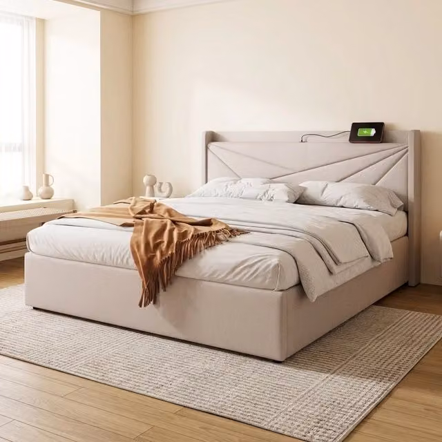 Letto matrimoniale contenitore 180x200 cm con testiera imbottita, funzione di ricarica USB Tipo C e rete a doghe – senza materasso