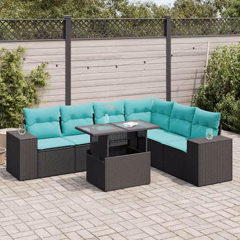 Set Divani da Giardino vidaXL 7 Pezzi in Polyrattan con Cuscini e Tavolino da Esterno a Forma di U Nero