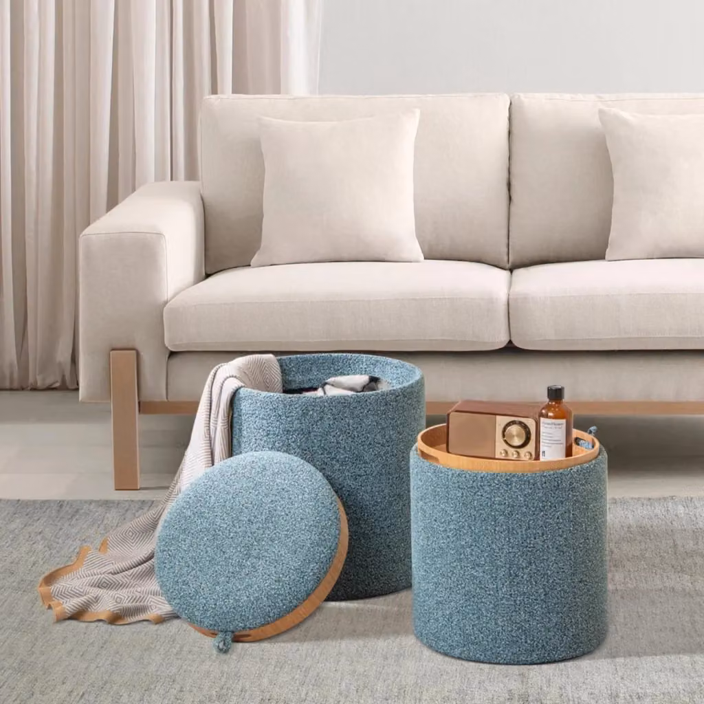 Set di 2 pouf rotondi Design Mania con vassoio reversibile e contenitore nascosto, colore blu – 2