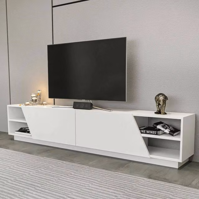 Mobile porta TV Apat DMORA, Credenza moderna per soggiorno in MDF bianco opaco, L: 240 cm, H: 37,1 cm, P: 47,4 cm