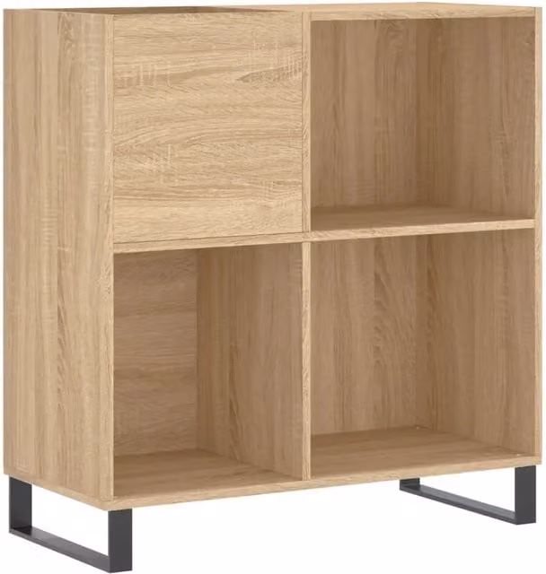 Mobiletto portadischi in stile industriale in legno composito rovere Sonoma e metallo, colore marrone, L: 84,5 cm, P: 38 cm, H: 89 cm