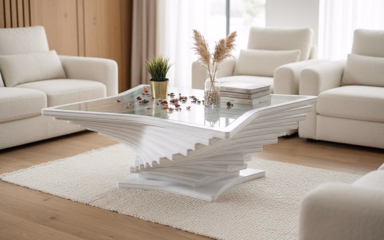 Tavolino moderno, bianco, comodo, in vetro, confortevole, pratico, in legno, funzionale
