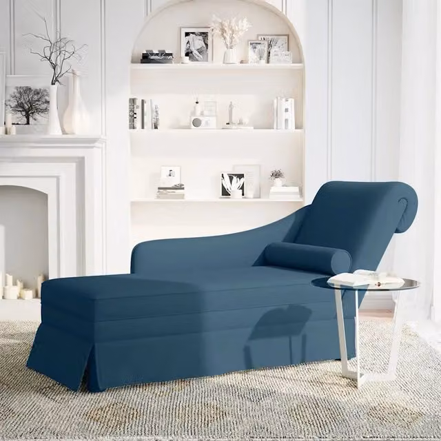 Sdraio in velluto blu con capezzale e bracciolo destro CFW2552931 L: 145 cm, P: 70 cm, H: 56 cm