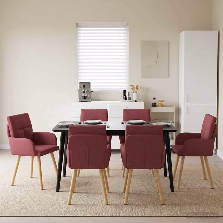 Set di 6 sedie da pranzo vidaXL in tessuto rosso vino con struttura in legno e metallo, L: 60 cm, P: 56 cm, H: 93 cm