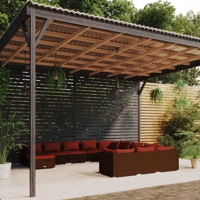 Set di Divani da Giardino a Forma di U vidaXL in Polyrattan Marrone e Rosso con Cuscini e Coperture Rimovibili