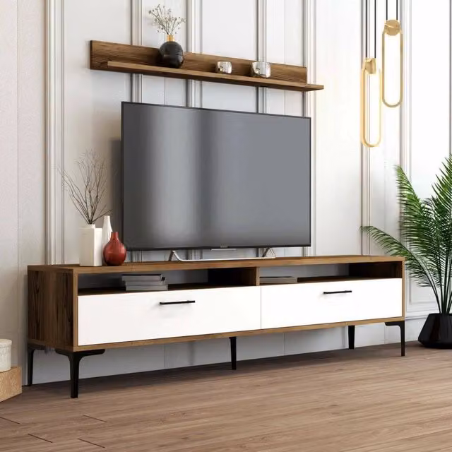 Parete attrezzata Oho DMORA per soggiorno, mobile salotto moderno con ante e ripiani, L: 180 cm, P: 35 cm, H: 47 cm, Marrone e Bianco