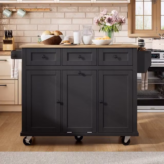 Isola cucina mobile con piano estraibile, cassetti e vano rifiuti, multifunzionale, colore nero
